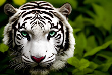 Head Of A White Tiger Peeking Out From Among Green Leaves In Dense Jungle Or Tropical Forest. Face Of A White Tiger Looking Out Among Bushes In An Animal Sanctuary. Closeup Generative AI Image.