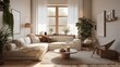 © Creative Station - cozy living room, Colors: warm tones, beige, light brown, white, Materials: hardwood floor, plush textiles, wooden accents, Greenery: indoor plants, Style: modern, comfortable design, generative ai