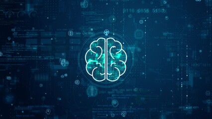 Motion graphic of Blue digital brain logo and futuristic circle HUD big data processed with grid line and icon on screen abstract background Artificial intelligence technology and chat bot concept