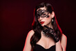 Stunning mysterious lady attend halloween close vip party wear face mask cover her appearance incognito dark bride