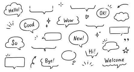 Poster - Balloon text frame decoration set. Simple hand drawn pen line speech bubble, cloud, balloon frame for text border. Doodle elegant dialog bubble, title headline. Vector illustration