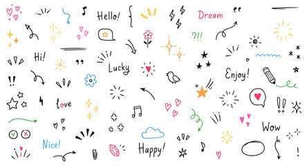 Poster - Doodle cute glitter pen line color elements. Doodle heart, arrow, star, sparkle decoration symbol set icon. Simple sketch line style emphasis, attention, pattern elements. Vector illustration