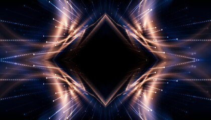 dark blue neon light with rays of gold abstract night empty scene. the effects of light in the dark.