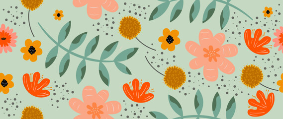 Wall Mural - Vector illustration. Cute abstract flowers with green leaves and circles. Modern cartoon print style. Trendy design template for cover, poster, screensaver, flyer, textile and your advertisement.