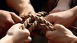  Many peoples hands working together to untangle a knotted rope. Business teamwork, generative ai