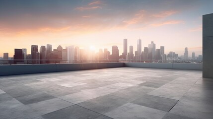 Poster -  Perspective view of empty concrete floor and modern rooftop building with sunset cityscape scene, generative ai