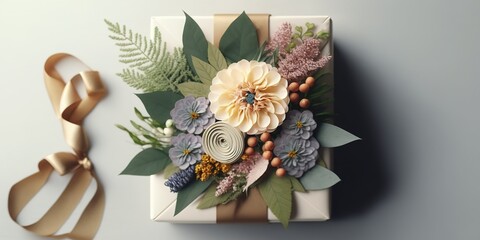 Wall Mural - Bouquet of flowers with a present, seen from above Generative AI