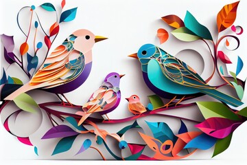 Wall Mural - Modern minimal CG of bird on tree and foliage. distinct generative AI image.