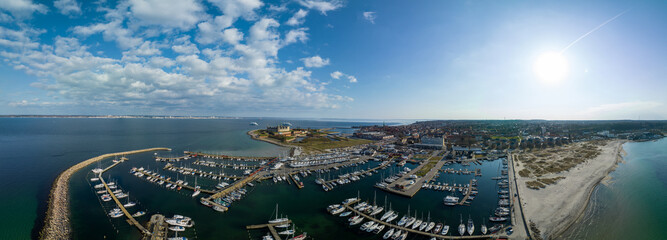 Wall Mural - Aerial view of Kronborg castle with ramparts, ravelin guarding the entrance to the Baltic Sea and the Oresund in Helsingor Denmark