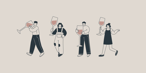 Set of illustrations of cute characters with huge glasses of wine. Men and women hold giant bottles. For the design of postcards, posters or invitations.