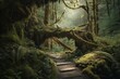 Enchanting forest with natural bridge and fallen tree beckons. Discover a lush, ethereal landscape in this magical wonderland. Generative AI