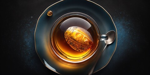 Tea in a glass cup, seen from above, on a black plate. Generative AI
