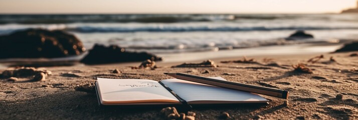 Wall Mural - Note and pen on the beach with sea at background. AI generative