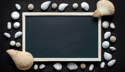 Wall Mural - Seashells adorn a whiteboard in this overhead shot. Generative AI