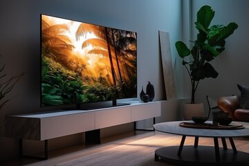 Wall Mural - Big screen 8K OLED TV in the bright living room with ambien