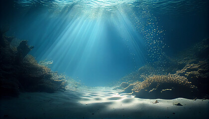 Wall Mural - Underwater background deep blue sea and beautiful sun ray under sea. Ai generated image