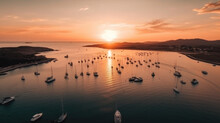 Aerial View Of Sailing Yachts In The Docks At Sunset. Generative AI