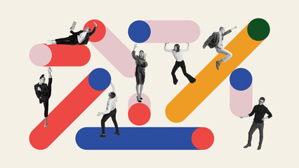 Employees working on current tasks, deadlines and finishing projects. Teamwork and coordination. Contemporary art collage. Concept of office, business, career, success, progress. Creative design