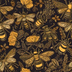 honeybees on dark background pattern