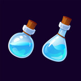Fototapeta Młodzieżowe - Color vector illustration of a magic bottle with an elixir inside. Witch's potion icon for the game. Blue liquid in a transparent bottle with a corkwood plug. UI game assets