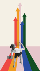 Motivated and ambitious business woman keeping going forward to personal and professional success. Contemporary art collage. Concept of office, business, career. Creative design. Vertical layout