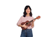Happy Young Asian Woman With Casual Clothing Playing Ukulele Isolated On White Background