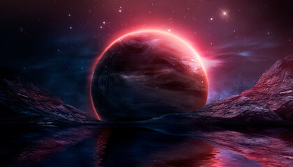 Wall Mural - futuristic fantasy landscape, sci-fi landscape with planet, neon light, cold planet. galaxy, unknown