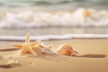 Wall Mural - starfish and seashells on tropical beach background. summer vacation and nature concept. generative 