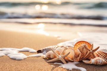 Wall Mural - starfish and seashells on tropical beach background. summer vacation and nature concept. generative 