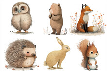 Safari Animal Set Bear, Squirrel, Fox, Owl, Hedgehog And Hare In 3d Style. Isolated . Generative AI