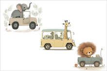 Safari Animal Set Lion, Elephant, Giraffe In A Jeep In 3d Style. Isolated. Generative AI