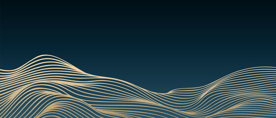 Sticker - Vector abstract line art wavy smooth flowing dynamic gold gradient isolated dark teal blue background in concept luxury, wave, ocean, mountain landscape.