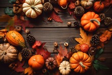 Frame With Thanksgiving Motifs: Pumpkins, Pine Cones, Fall Leaves, And Fruits. Generative AI