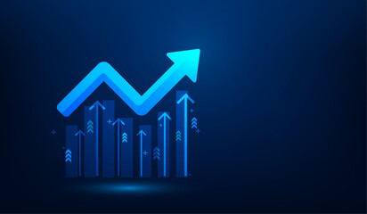 Wall Mural - finance graph arrow up investment on blue dark background. business trading growth concept. market chart profit money. copy space for text input. vector illustration fantastic low poly design.