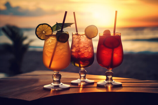 colorful summer cocktails on tropical resort bar counter at sunset. beach party. generative AI
