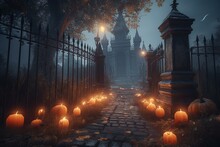 Illustration Of Eerie Churchyard Gate At Halloween With Glowing Pumpkins And Candles. Generative AI