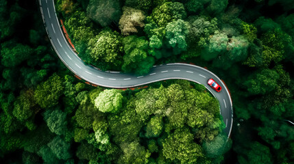 Drone shot of a car on a road and many trees around it, generativ AI