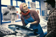 Woman in a fishmonger selling a salmon to a customer. Ai generated.