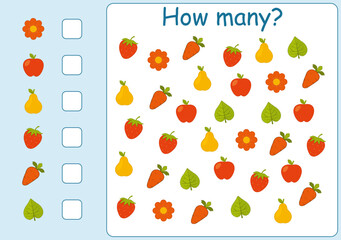  I spy game for kids.How many  fruits and vegetables  are there. Math game for kids. Printable worksheet for preschoolers. Vector