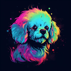 Wall Mural - portrait of a dog Bichon frisé with colorful , Vector t-shirt print. Vector illustration on black background, Generative Ai