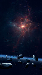 Wall Mural - space background. colorful fractal nebula with asteroids, planetary ring and star field. digital ill