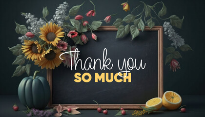 Blackboard thank you message dark background concept with flowers generative ai