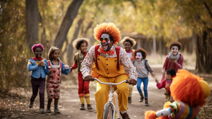 A man in a clown costume riding a bicycle with a group of laughing children partying in the background - ai generative