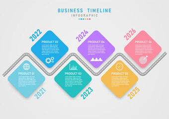 Wall Mural - Time line 6 years infographic middle road multicolored square numbers year
Icons and characters designed for template, business, marketing, finance, investment, product, planning