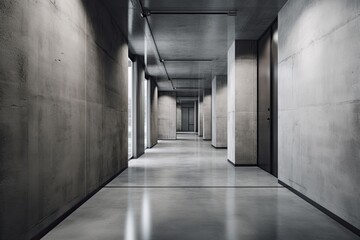 Sticker - Cement and Concrete Hallway: Abstract Architecture in a Steel-Lined Corridor with Empty Rooms and a Grungy Interior, Generative AI