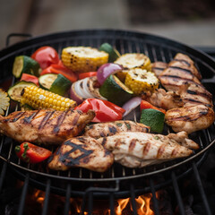 Poster - grilled chicken and vegetables on homemade backyard grill