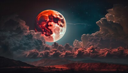 Wall Mural - Blood moon or red moon in the night time sky with clouds concept generative ai