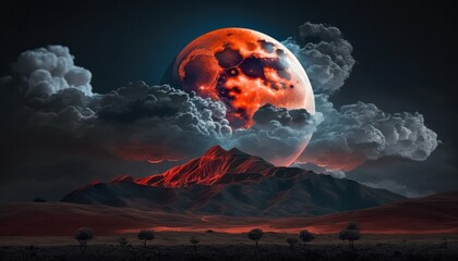 Wall Mural - Blood moon or red moon in the night time sky with clouds concept generative ai