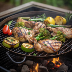 Canvas Print - grilled chicken and vegetables on homemade backyard grill