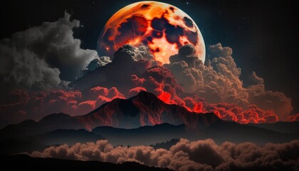Wall Mural - Blood moon or red moon in the night time sky with clouds concept generative ai